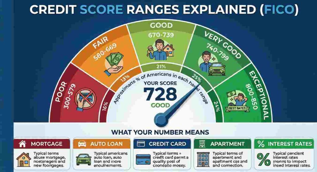 Credit score range chart showing FICO tiers from Poor to Exceptional with color-coded bands and percentage of Americans in each range