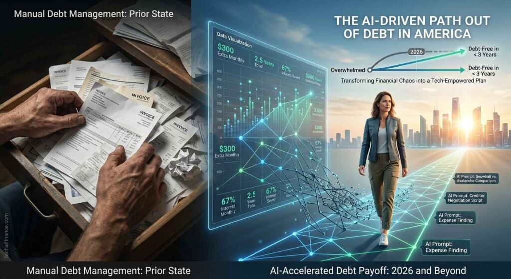 American using ChatGPT and Claude on a laptop to generate a debt payoff plan and creditor call script
