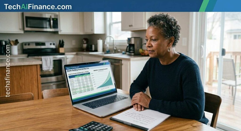 American single-income household reviewing a financial plan at a kitchen table with a laptop showing investment account growth and a notepad with savings goals