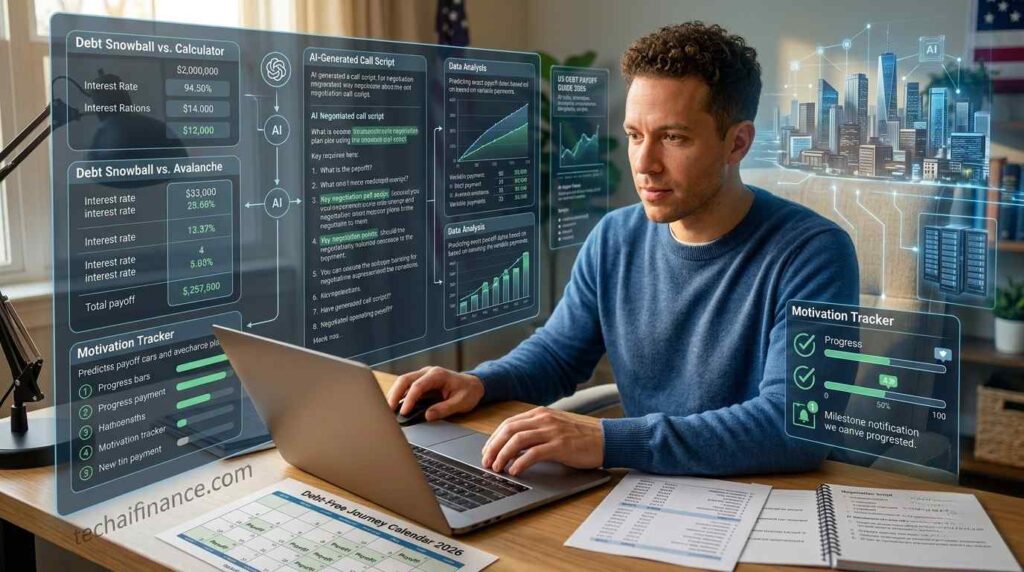 American using ChatGPT and Claude on a laptop to generate a debt payoff plan and creditor call script