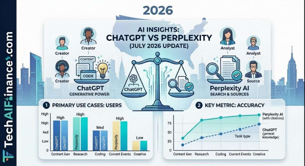 Side-by-side comparison of ChatGPT and Perplexity AI interfaces on two laptop screens showing different responses to the same research question