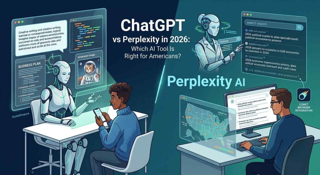 Side-by-side comparison of ChatGPT and Perplexity AI interfaces on two laptop screens showing different responses to the same research question
