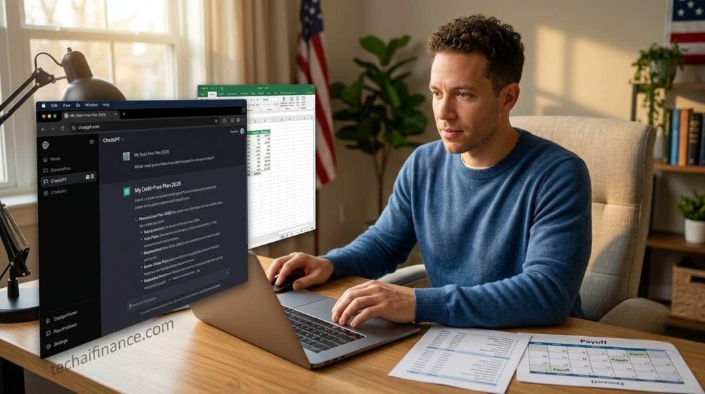 American using ChatGPT and Claude on a laptop to generate a debt payoff plan and creditor call script
