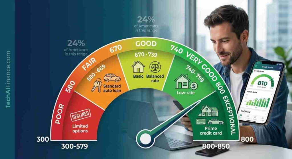 Credit score range chart showing FICO tiers from Poor to Exceptional with color-coded bands and percentage of Americans in each range