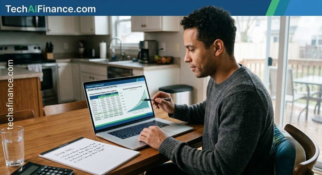 American single-income household reviewing a financial plan at a kitchen table with a laptop showing investment account growth and a notepad with savings goals