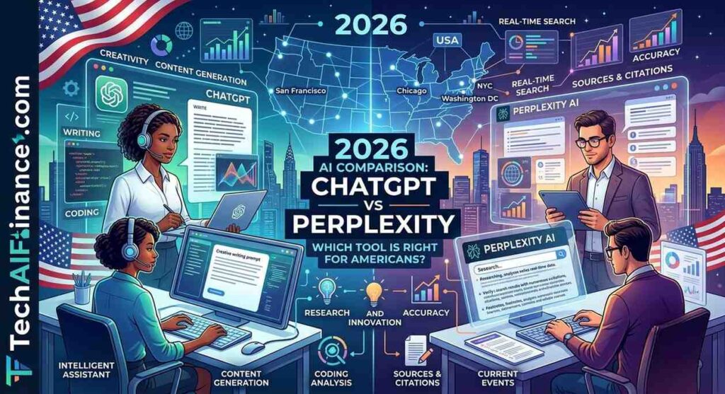 Side-by-side comparison of ChatGPT and Perplexity AI interfaces on two laptop screens showing different responses to the same research question