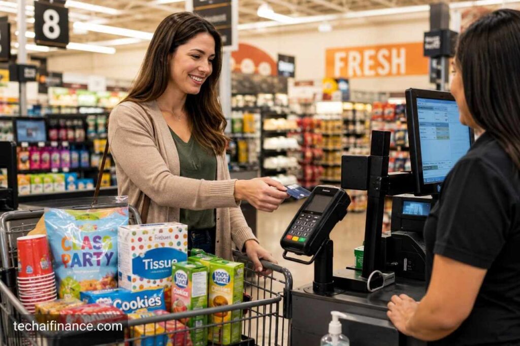 Teacher paying for classroom supplies with a credit card at a checkout counter