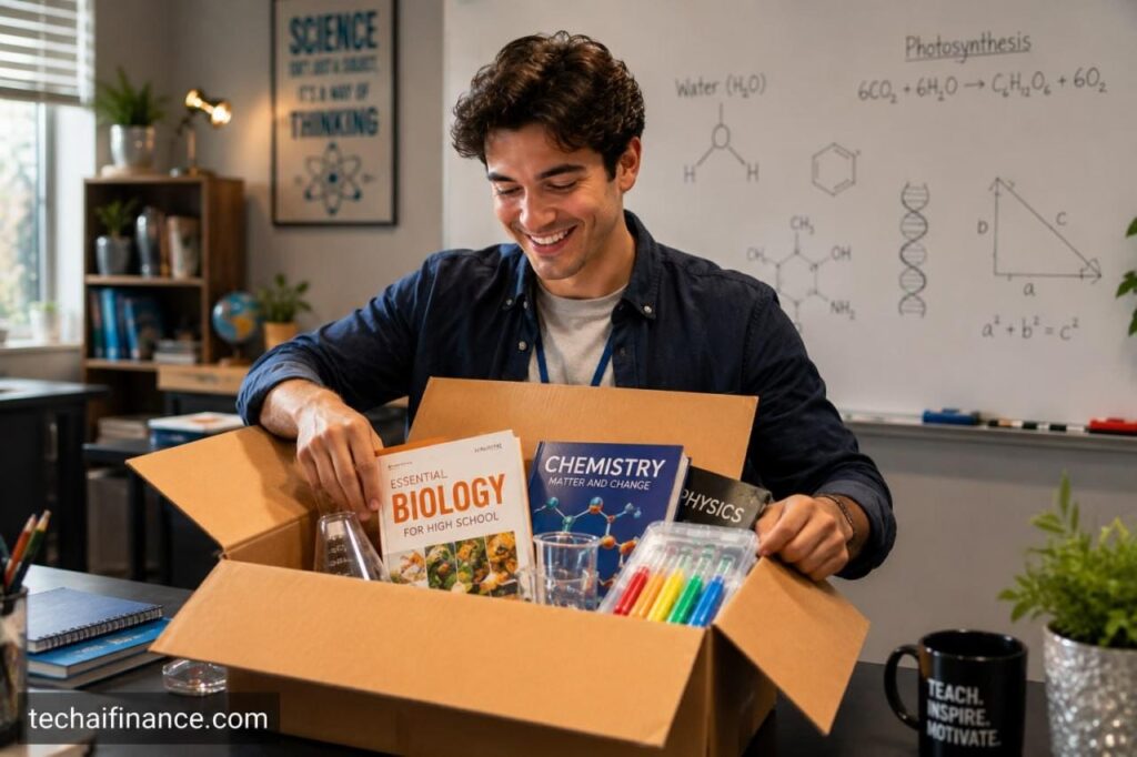 Teacher paying for classroom supplies with a credit card at a checkout counter