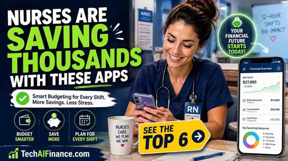 Nurse in scrubs checking a budgeting app on her phone during a break, with a hospital hallway visible in the background
