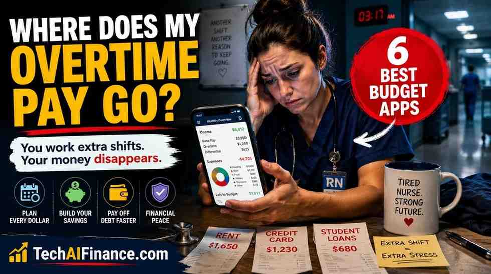 Nurse in scrubs checking a budgeting app on her phone during a break, with a hospital hallway visible in the background