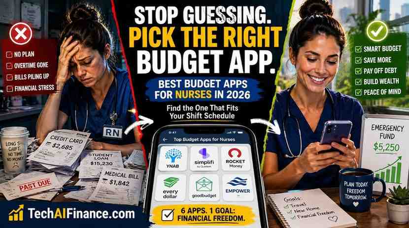 Nurse in scrubs checking a budgeting app on her phone during a break, with a hospital hallway visible in the background