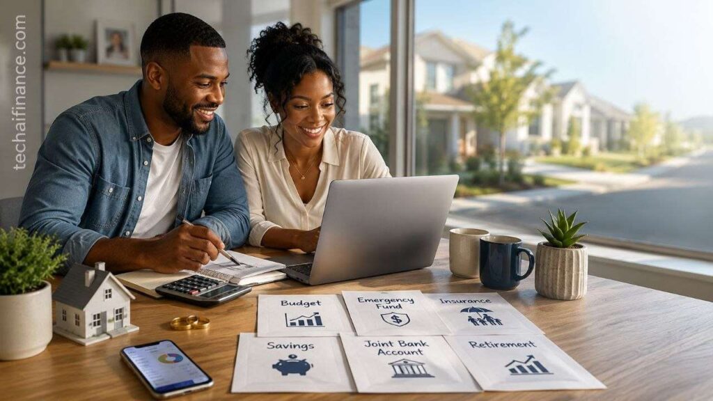Newly married American couple reviewing household finances together at a kitchen table with a laptop and documents, wedding rings visible