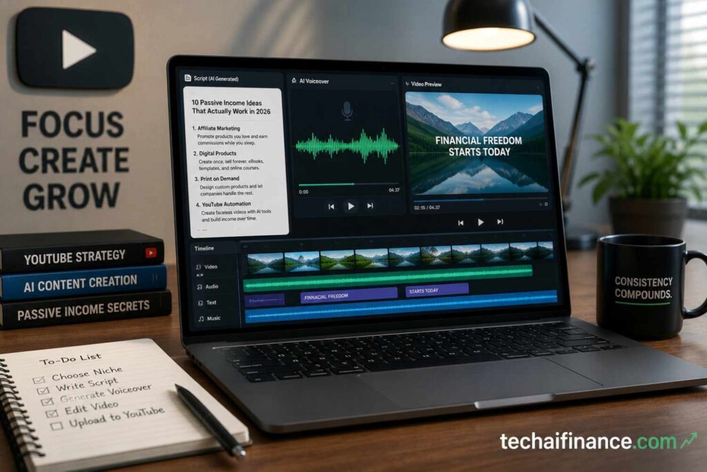 American working at a home desk using AI tools on a laptop to create a faceless YouTube video with a script, voiceover waveform and video timeline visible on screen