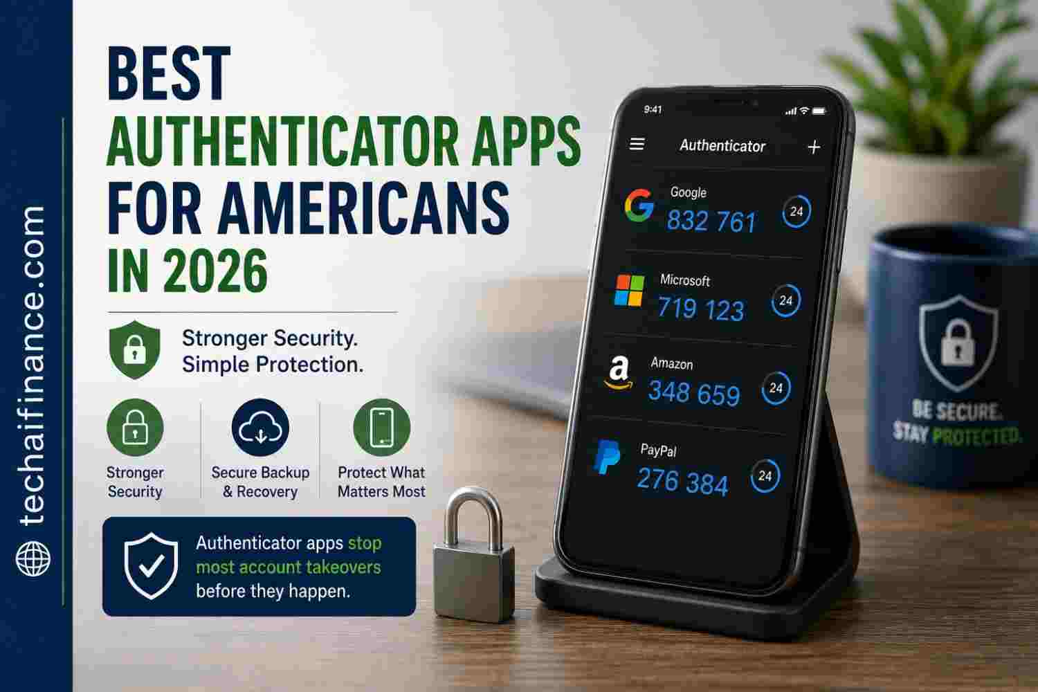 American checking a 6-digit two-factor authentication code on a smartphone authenticator app before logging into a financial account on a laptop