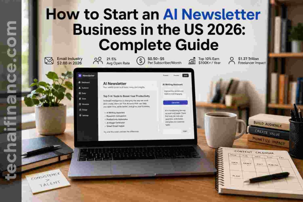 American entrepreneur writing a newsletter on a laptop at a home desk with AI writing tools open on screen