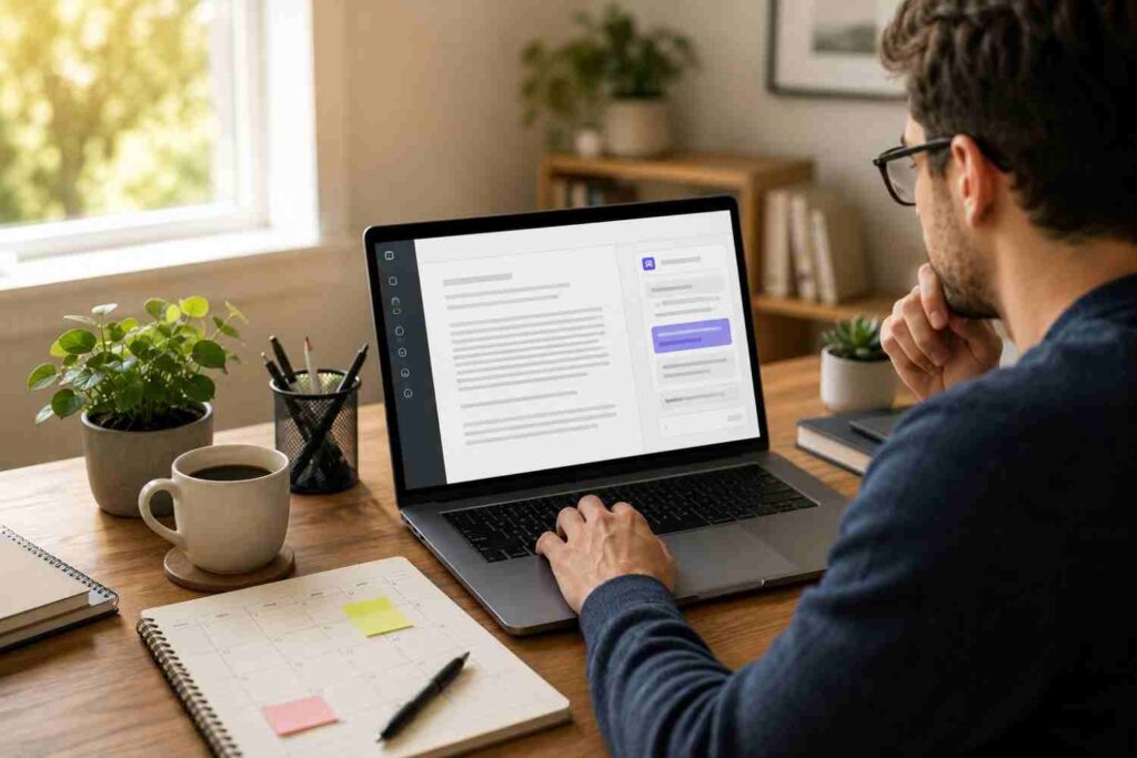 American entrepreneur writing a newsletter on a laptop at a home desk with AI writing tools open on screen