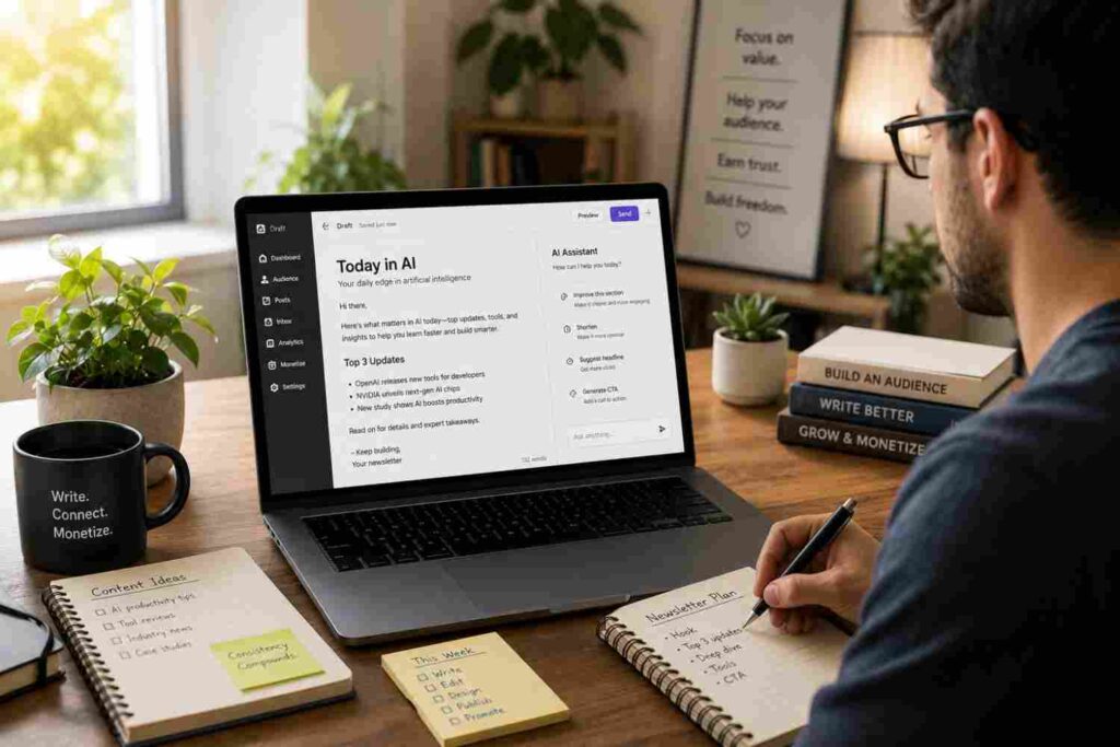American entrepreneur writing a newsletter on a laptop at a home desk with AI writing tools open on screen