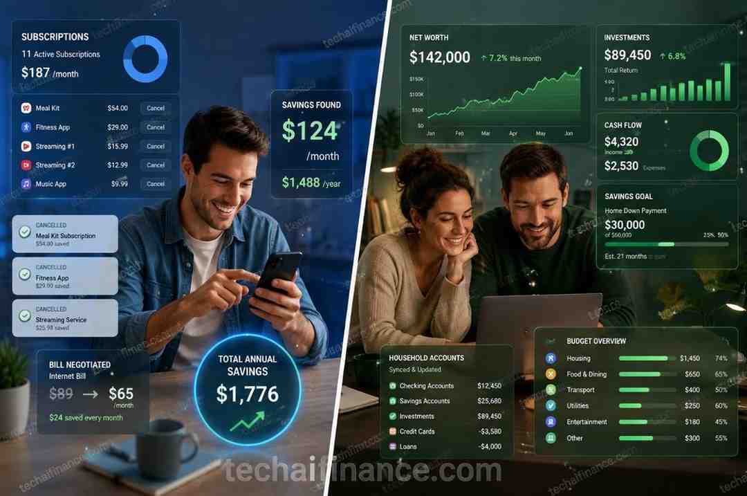 Side-by-side comparison of Rocket Money and Monarch Money app interfaces on two smartphones showing budgeting dashboards