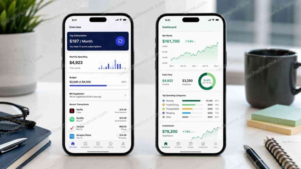 Side-by-side comparison of Rocket Money and Monarch Money app interfaces on two smartphones showing budgeting dashboards