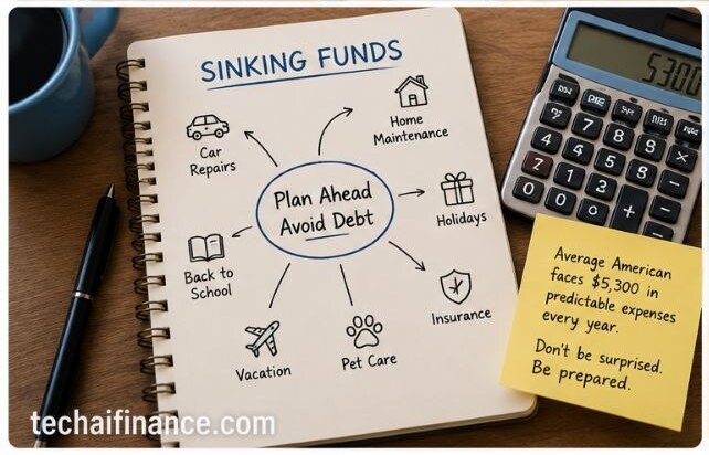 American at a desk organizing multiple labeled savings envelopes representing different sinking fund categories including car repairs, holidays and home maintenance