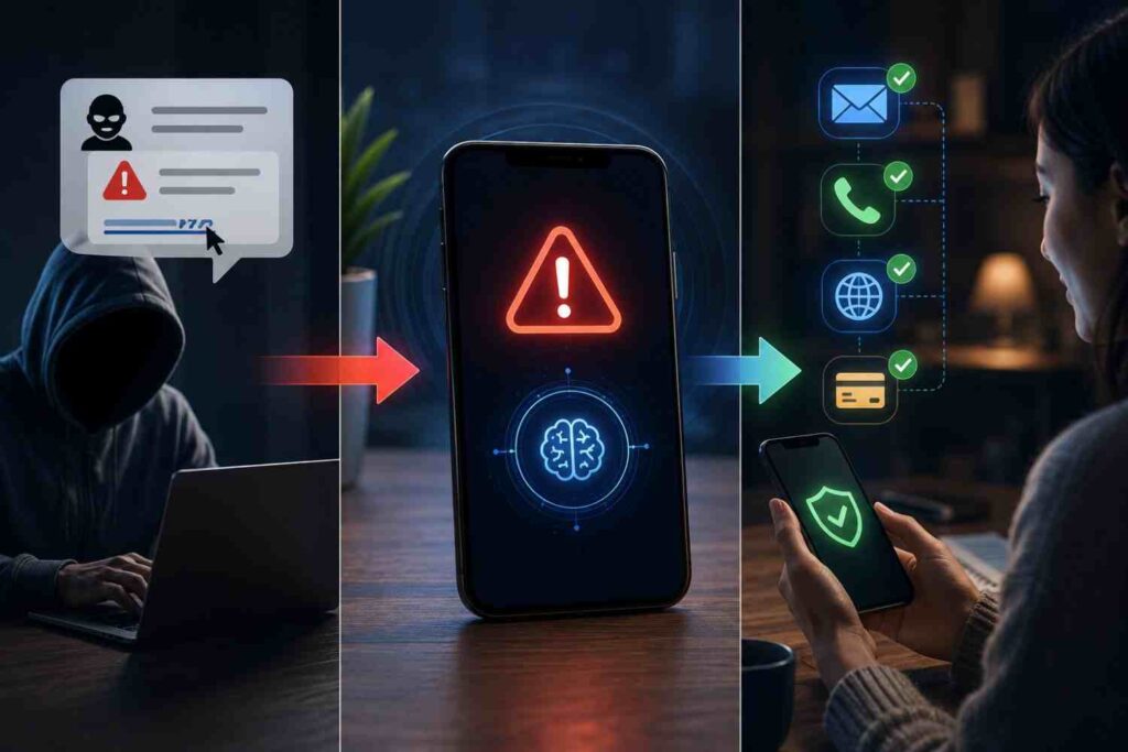 Visual sequence showing a scammer sending a fraudulent message, AI detecting the threat, and a user staying protected