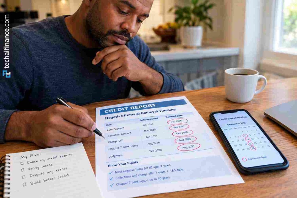 American reviewing a credit report timeline showing when negative items will be removed