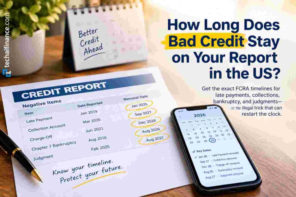 American reviewing a credit report timeline showing when negative items will be removed