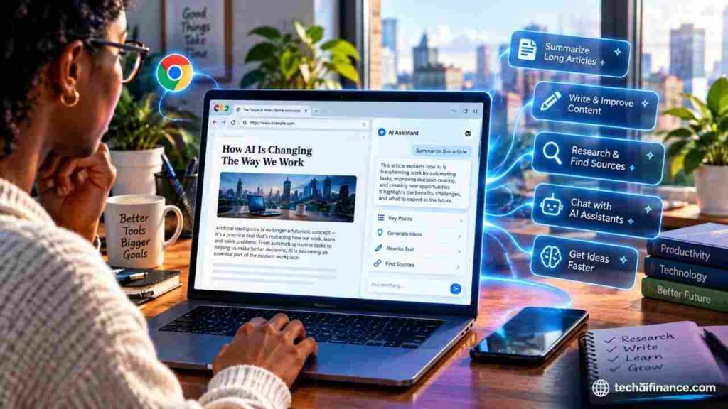 Split-screen illustration of a laptop browser window with an AI sidebar assistant open next to a webpage