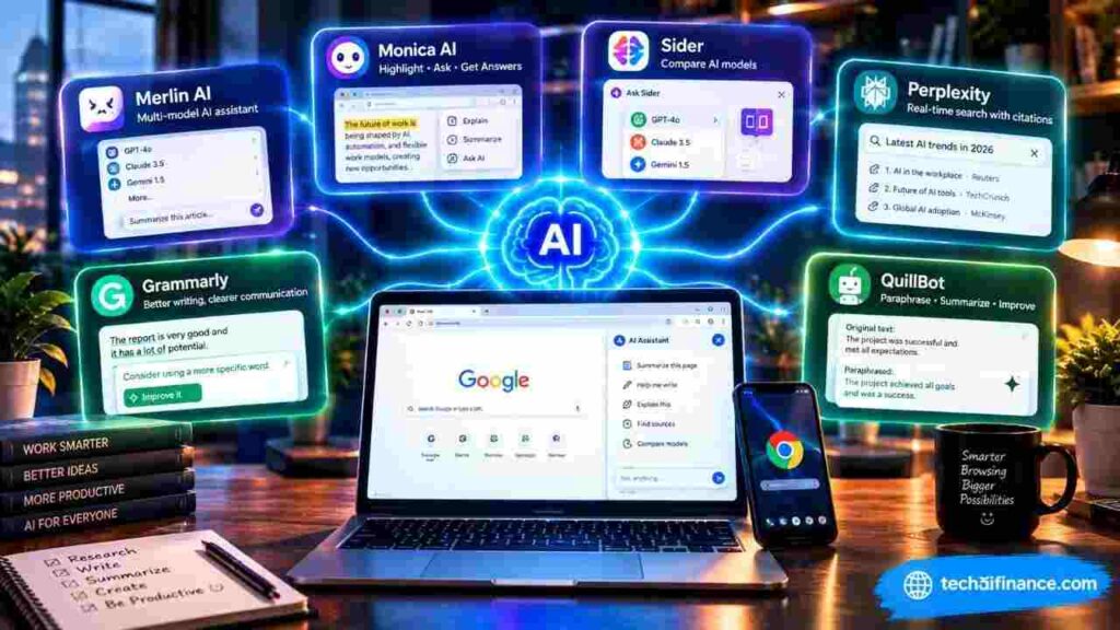 Split-screen illustration of a laptop browser window with an AI sidebar assistant open next to a webpage