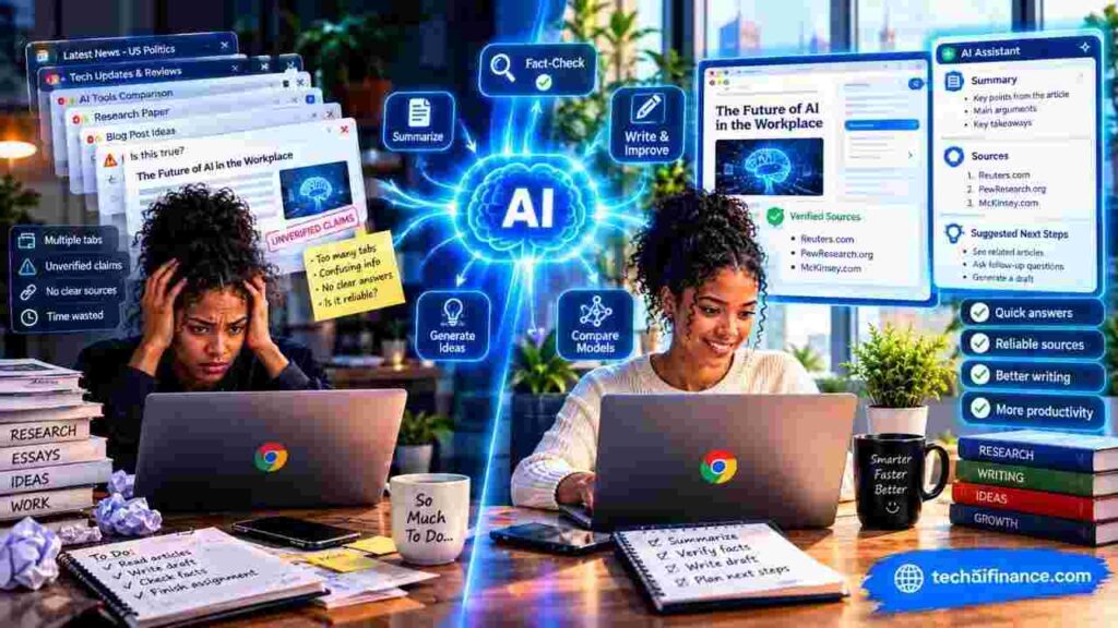 Split-screen illustration of a laptop browser window with an AI sidebar assistant open next to a webpage