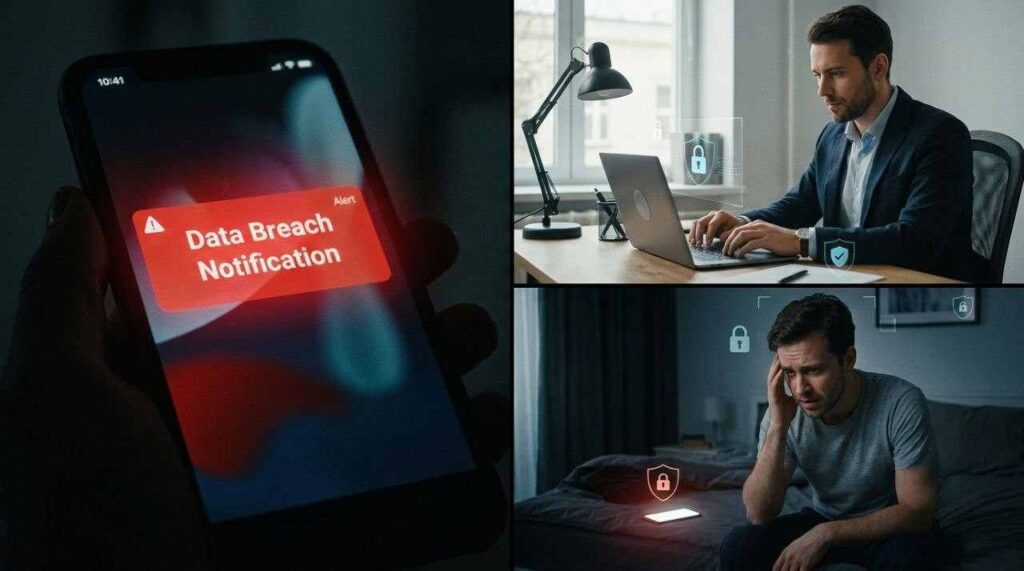 American reading a data breach notification letter at home while checking bank account on a laptop
