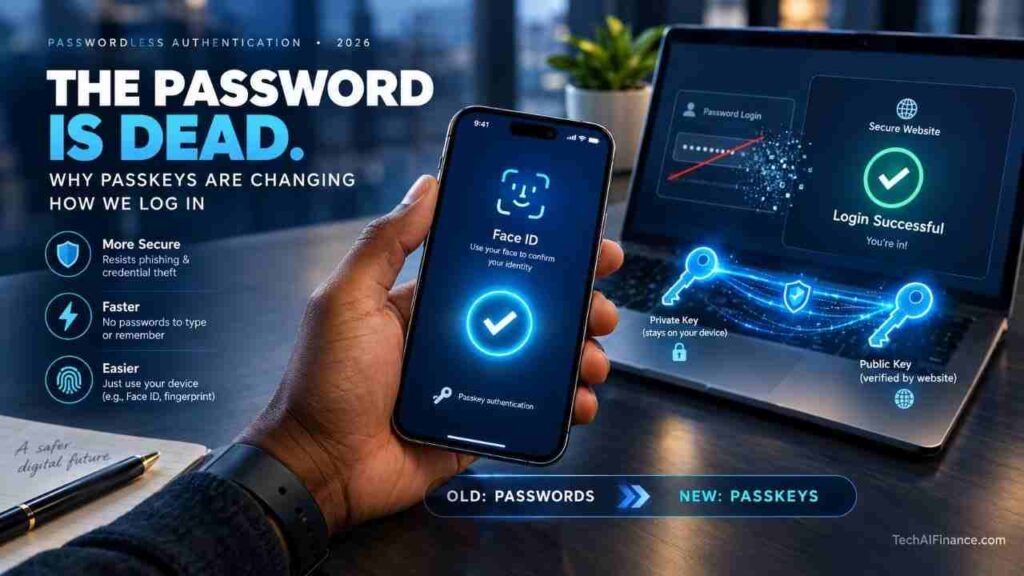 Illustration of a smartphone unlocking a website login with a passkey instead of a password