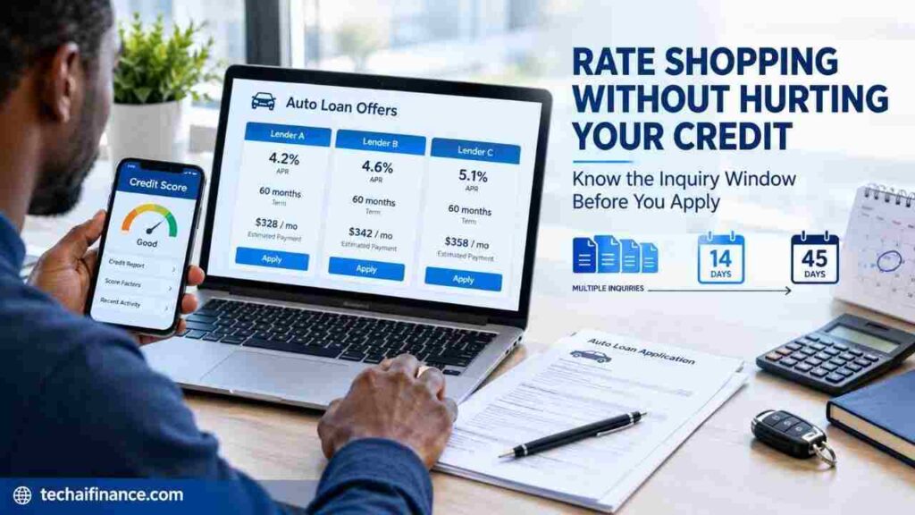 American comparing loan offers on a laptop while checking a credit score app, representing soft inquiry vs hard inquiry